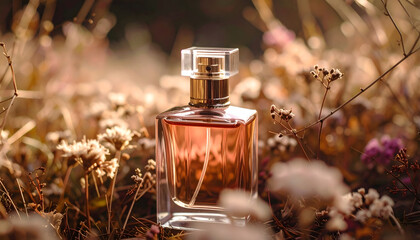 Perfume advertisement, scent and minimalism: Perfume bottle and wild herbs are artfully composed, suggesting natural scent. light creates warm, inviting mood and evokes feeling of sophistication