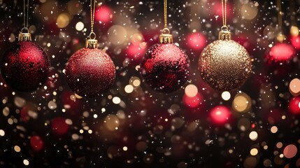 Festive red and gold christmas ornaments with snowflakes and bokeh lights
