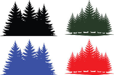 Four stylized evergreen tree clusters in black blue red and dark green silhouettes