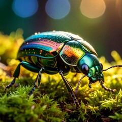 Naklejka premium macro shot of a colorful beetle on mossy ground