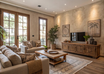 Elegant living room with comfortable sofa rustic wooden coffee table and ornate media console featuring artwork and plants bathed in warm light
