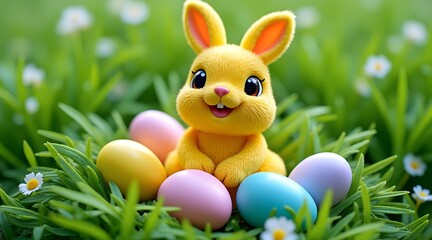 Cute yellow bunny with colorful easter eggs in grass