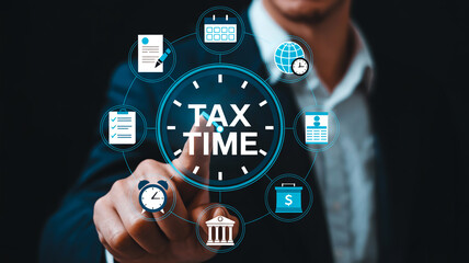 Digital illustration of “TAX TIME” white text on dark blue circular clock-face virtual interface