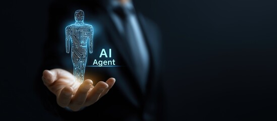 AI Agent Concept – Faceless Businessperson Offering Glowing 3D Humanoid AI Assistant Icon with Circuit Pattern and Futuristic Label, Symbolizing Intelligent Automation and Tech Services

