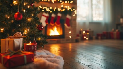 Cozy christmas living room with tree, fireplace, and decorations