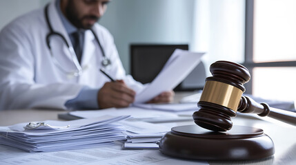 Medical Law: A doctor reviews documents, a gavel sits in the foreground, symbolizing legal implications in healthcare, patient rights, compliance, and regulations.