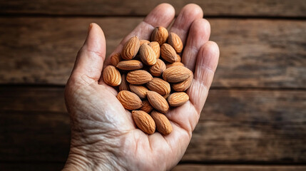 Handful of almonds in the palm of a senior person's hand above wooden table, storytelling element, generational warmth