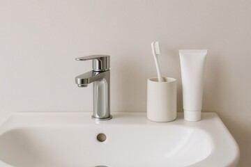 Essential bathroom hygiene products arranged on a sink, showcasing a minimalist and clean aesthetic