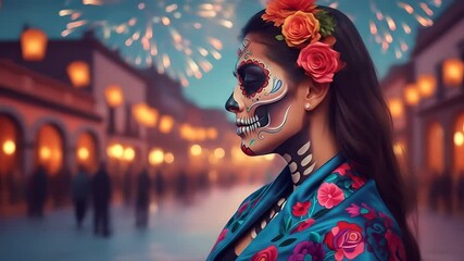 Day of the Dead portrait: woman with sugar skull face paint, floral shawl observes Dia de los Muertos fiesta, fireworks, cultural celebrations, Mexico traditions, Latin heritage.