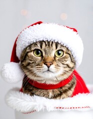 Tabby cat in Santa hat