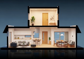 3d illustration of a modern house interior showcasing a cross section of living spaces and architectural design with contemporary furniture