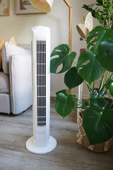 White tower fan against background of flowers and sofa in modern light interior