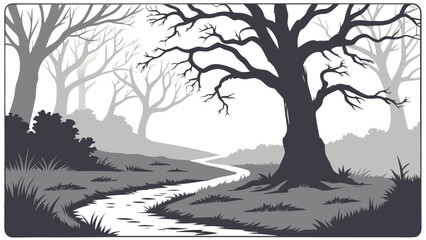 A grayscale illustration of a winding stream through a forest with barren trees in the distance and foreground