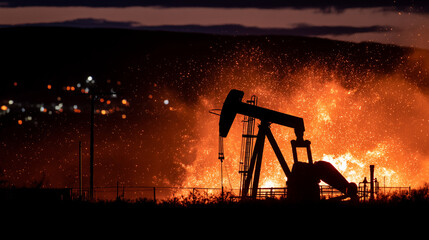 Oil field machinery and pipes silhouetted against fiery blaze at dusk, the intense orange firelight contrasting with cool darkening sky, sparks and smoke creating dynamic atmospher