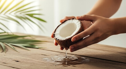 Hands gently hold fresh coconut halves, dripping refreshing water onto a rustic wooden surface.