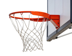 “Angled Side View of Outdoor Basketball Net in Orange and White, PNG”.