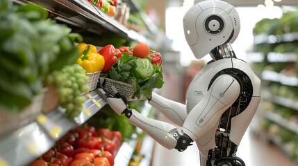 A robot is shopping for vegetables in a grocery