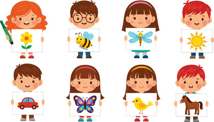 Cartoon kids holding drawings of flower, bee, dragonfly, sun, car, butterfly, bird, horse, creative art scene, education