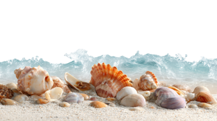 Seashells on Beach with Splashing Ocean Water