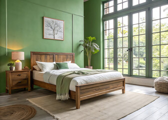 Cozy bedroom with a wooden bed green walls and large windows letting in natural light creating a warm and inviting atmosphere