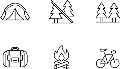 Fototapeta premium Camping and outdoor adventure symbols with tent trees campfire backpack and bicycle for travel recreation and exploration line art style