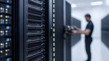 Data Center Server Racks: A focused view of a server room with a technician working in the background, emphasizing data storage and technological infrastructure.