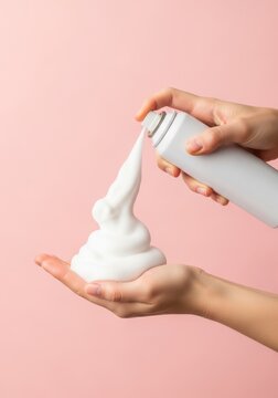 Womans hands applying white shaving foam from a spray bottle against a pink background