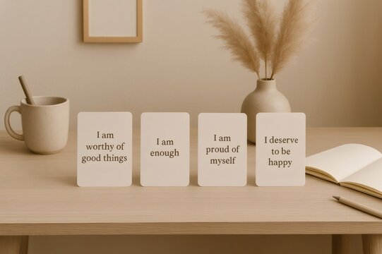 Four affirmation cards displaying empowering messages like I am worthy of good things, I am enough, I am proud of myself, and I deserve to be happy, promoting self love, confidence, and happiness