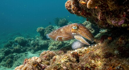 Naklejka premium Vigilant Cuttlefish Mother Lays Her Glistening Eggs on a Vibrant Coral Reef