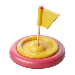 Stylized 3d golf hole with yellow flag and pink base isolated on transparent background