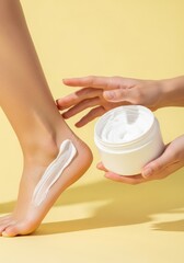 Woman applying moisturizing cream to her foot on a yellow background