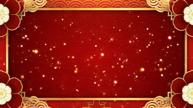 Festive Chinese New Year Celebration Loopable Red Background featuring a Golden Decorative Frame and Shimmering Bokeh Particles for Holiday Events