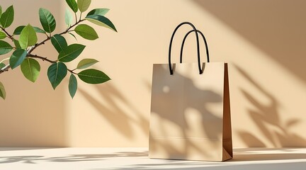 Fototapeta premium Brown paper shopping bag with plant and sunlight shadows