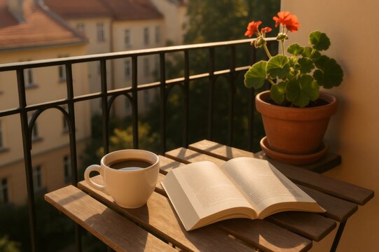 Open book resting beside a steaming coffee cup on a balcony table, accompanied by a vibrant potted geranium, capturing the serene sunrise