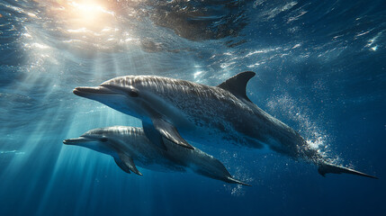 Two Dolphin Swimming Underwater in Ocean with Sun Rays