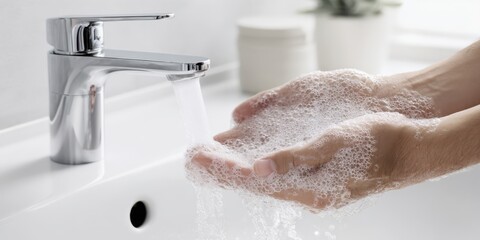 The hands washing with soap under a modern faucet in a bright bathroom.