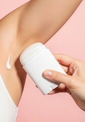 Woman applying deodorant stick to underarm on pastel pink background