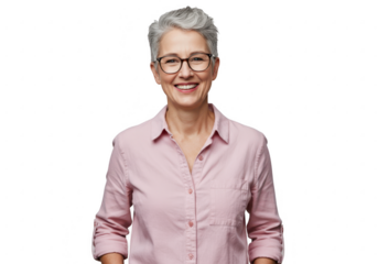 Smiling senior woman wearing glasses and pink shirt isolated on transparent background