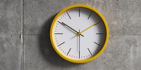 The modern yellow clock on a textured concrete wall for stylish interiors.