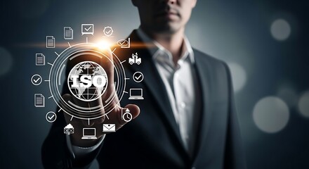 Businessman interacting with a futuristic digital interface displaying global business and technology icons