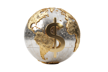 Gold dollar sign on a metallic globe.  Concept of global finance and world economy.