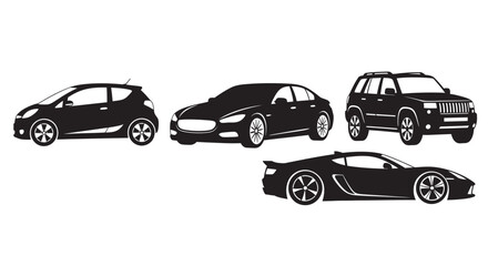 Fototapeta premium Collection of diverse car silhouettes including hatchback sedan suv and sports car silhouette