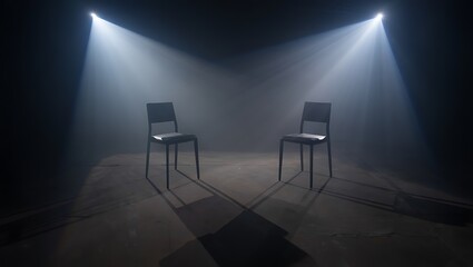 Dramatic empty stage with two chairs shrouded in atmospheric fog under piercing white spotlights