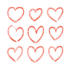 Vector set of hand drawn hearts. Decorative design element. Grunge texture.