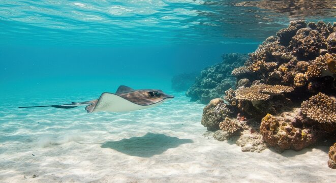 Elegant Cowtail Stingray Gliding Over Sandy Seabed Near a Vibrant Coral Reef