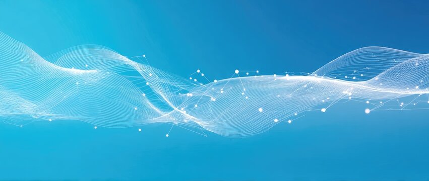 Abstract light blue background with flowing, translucent white lines and connecting dots - Powered by Adobe