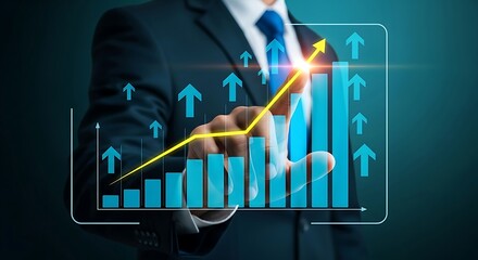 Businessman analyzing upward trending financial graph with rising arrow and growth bars on a digital screen