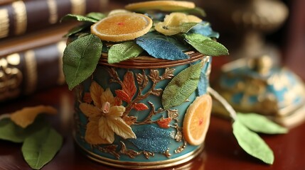 a decorative container is displayed, featuring a turquoise base adorned with ornate, gilded floral and foliage designs, along with halved round slices