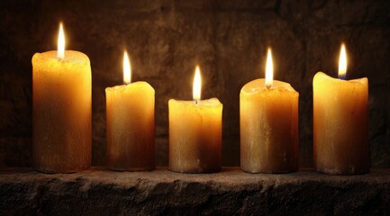 Five lit candles in a row against a dark textured wall