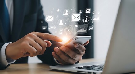 Businessman using smartphone with glowing digital icons symbolizing global communication and online business connections
